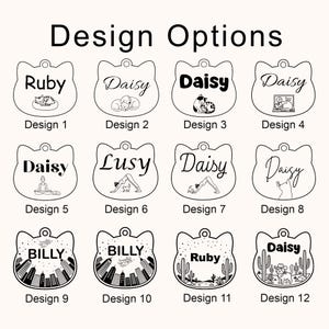 Peut inclure: Douze m&eacute;dailles pour animaux en forme de chat dispos&eacute;es en grille, chacune pr&eacute;sentant des illustrations au trait noir uniques et des noms comme Ruby, Daisy, Lusy et Billy. Les motifs incluent des chats, des villes et des d&eacute;serts.