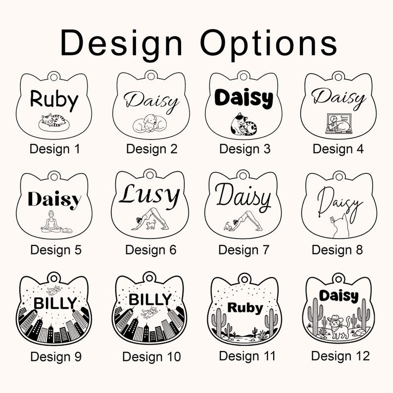 Peut inclure: Douze m&eacute;dailles pour animaux en forme de chat dispos&eacute;es en grille, chacune pr&eacute;sentant des illustrations au trait noir uniques et des noms comme Ruby, Daisy, Lusy et Billy. Les motifs incluent des chats, des villes et des d&eacute;serts.