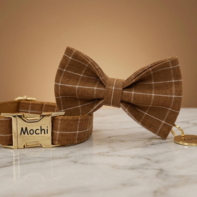 Wedding Dog Collar With Bow Tie, Personalized Plaid Collar Set,