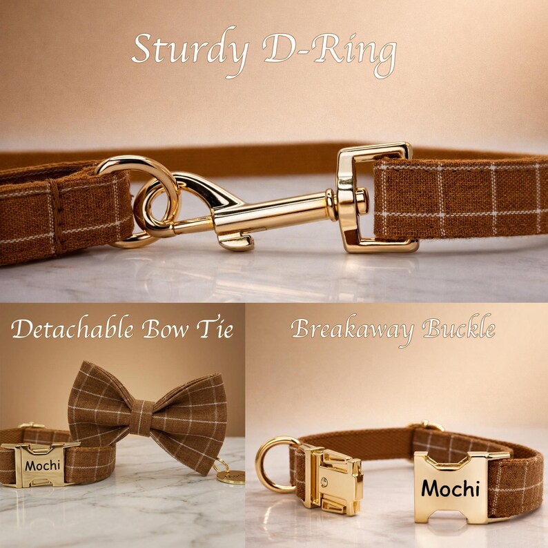 Wedding Dog Collar With Bow Tie, Personalized Plaid Collar Set,