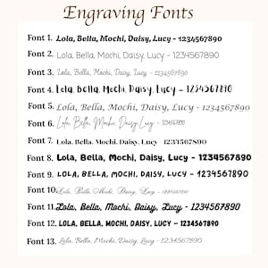Peut inclure: Un tableau intitul&eacute; Engraving Fonts pr&eacute;sentant treize polices d'&eacute;criture noires distinctes. Chaque ligne num&eacute;rot&eacute;e affiche les noms Lola, Bella, Mochi, Daisy, Lucy suivis des chiffres 1234567890, illustrant divers styles manuscrits et typographiques.