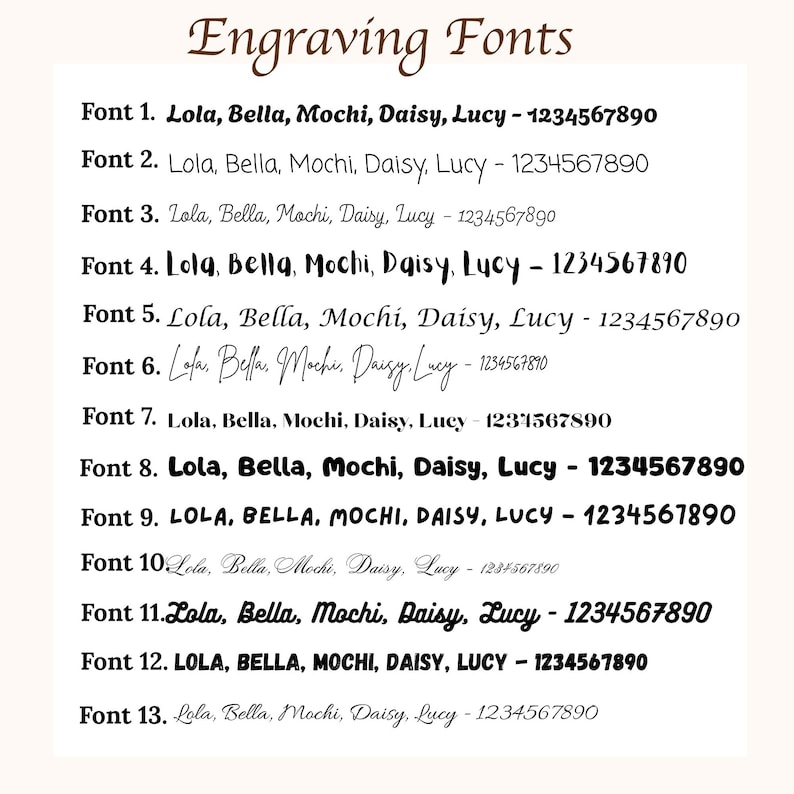 Peut inclure: Un tableau intitul&eacute; Engraving Fonts pr&eacute;sentant treize polices d'&eacute;criture noires distinctes. Chaque ligne num&eacute;rot&eacute;e affiche les noms Lola, Bella, Mochi, Daisy, Lucy suivis des chiffres 1234567890, illustrant divers styles manuscrits et typographiques.