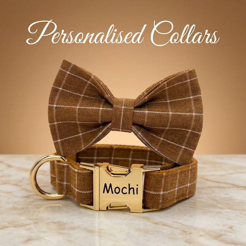 Wedding Dog Collar With Bow Tie, Personalized Plaid Collar Set,