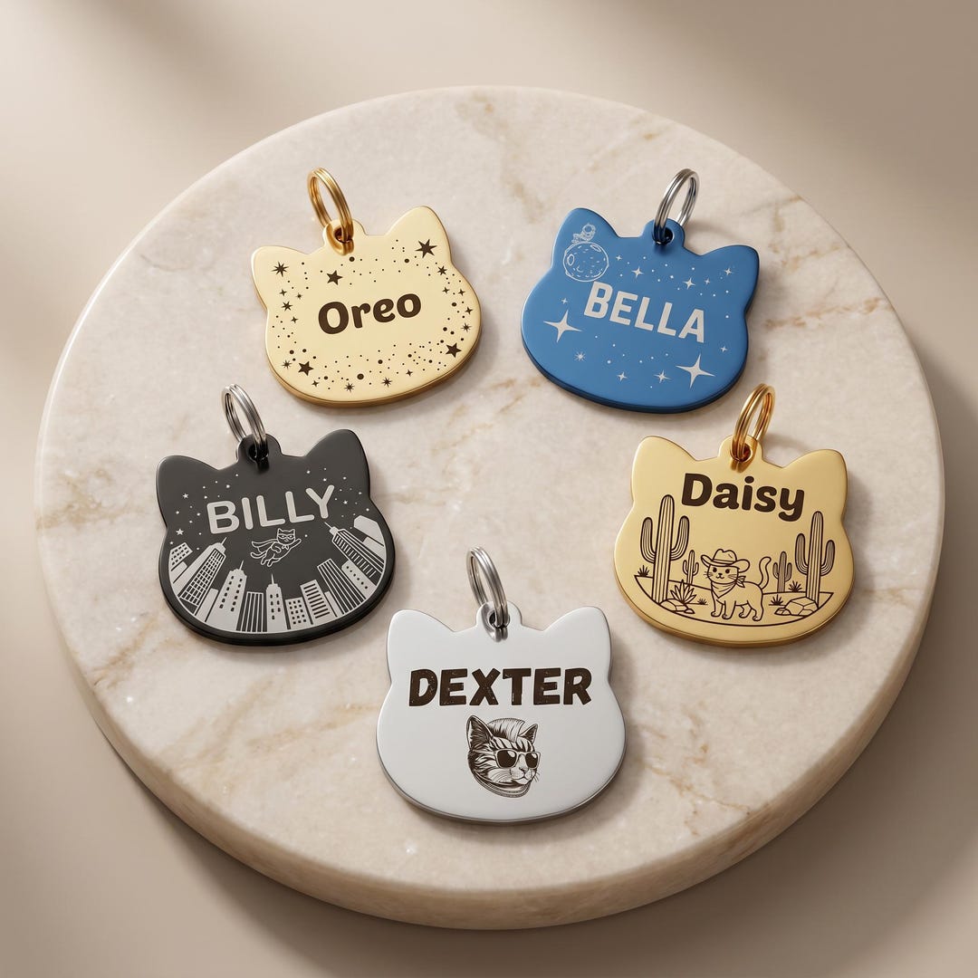 Personalized Cat Name Tag, Double-sided Engraved Stainless Steel Tag