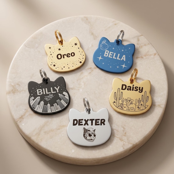Personalized Cat Name Tag, Double-Sided Engraved Stainless Steel Tag for Collar