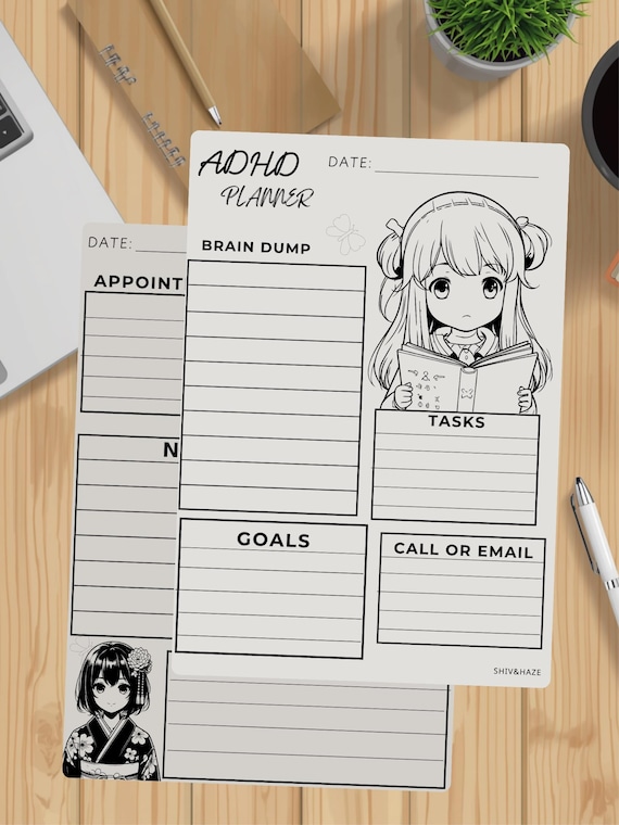 ADHD Planner Printable, Anime Coloring Page Worksheets, Executive Functioning Tool for Adults and Teens, Digital Download PDF, Brain Dump
