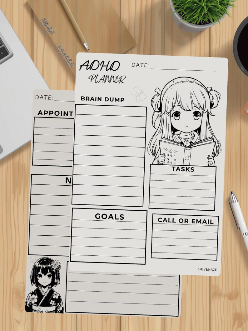 Puede incluir: Planificador de TDAH en blanco y negro con secciones para citas, descargas cerebrales, tareas, objetivos y llamadas o correos electr&oacute;nicos. Presenta ilustraciones de estilo anime y el texto "ADHD Planner".