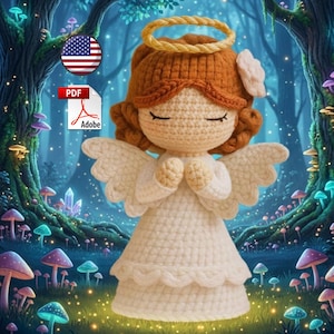 May include: A crocheted angel doll with closed eyes, wearing a white dress and wings, and a halo. The doll has brown hair and is set against a whimsical forest backdrop with glowing mushrooms and trees. Includes a PDF and American flag icon.