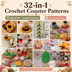 32-in-1 Crochet Coaster Patterns Bundle, Animal, Flower, Funny Designs (PDF Download)