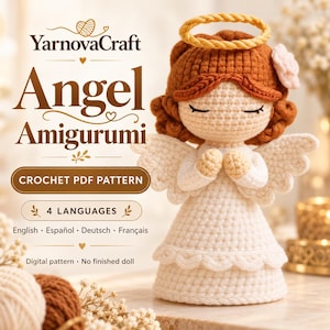 Peut inclure: Une poupée ange amigurumi au crochet avec des cheveux auburn, une auréole jaune, des ailes blanches et une robe blanche. Texte : YarnovaCraft Angel Amigurumi, CROCHET PDF PATTERN, 4 LANGUAGES, English, Español, Deutsch, Français, Digital pattern, No finished doll.