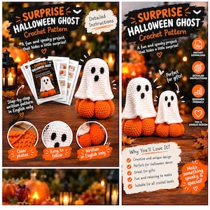 Może przedstawiać: Wzór szydełkowy na Surprise Halloween Ghost, przedstawiający białego duszka siedzącego na pomarańczowej dyni. Dokument zawiera pisemne instrukcje, zdjęcia krok po kroku oraz przewodnik do wykonania tego projektu.