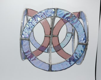 Circles abstract stained glass mobile sculpure in blue
