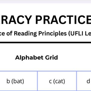 May include: A white document titled "HOME LITERACY PRACTICE GUIDE" with the subtitle "Aligned with Science of Reading Principles (UFLI Lessons 1-34)". Below is an alphabet grid with the letters a-e and corresponding words: apple, bat, cat, dog, and ear.