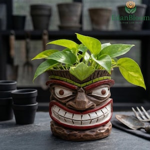 Tiki Head Succulent Planter: Easter Island Face Resin Pot, Novelty Tropical Decor