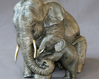 Bronze Elephant Mama and Baby Sculpture: Signed Limited Edition Art