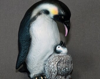 Signed Bronze Penguin Sculpture: Mama & Baby Figurine, Limited Edition