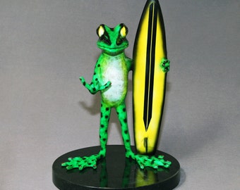 Bronze "Surfer Dude" Frog Sculpture: Signed Limited Edition Art