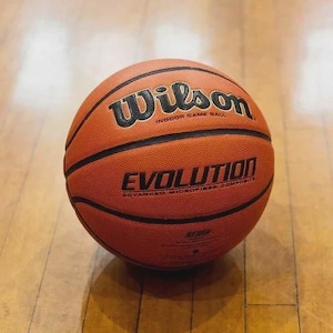 May include: An orange Wilson Evolution indoor game basketball. The ball has black lines and the word "Wilson" in black lettering at the top. Below the word "Wilson" is the text "INDOOR GAME BALL". The word "EVOLUTION" is printed in black lettering.
