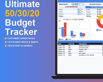 50/30/20 Budget Tracker Spreadsheet | Google Sheets, Excel (Digital Download)