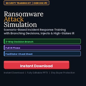 Op de afbeelding: Een digitale afbeelding met de woorden "Ransomware Attack Simulation" in witte tekst op een donkere achtergrond. De afbeelding bevat een grote oranje hangslotafbeelding en verschillende gekleurde knoppen.