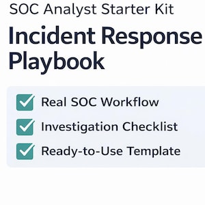 May include: A book titled "Incident Response Playbook" from the "SOC Analyst Starter Kit." The cover is white and navy blue with the text "Incident Response Playbook." The book includes a real SOC workflow, an investigation checklist, and a ready-to-use template.
