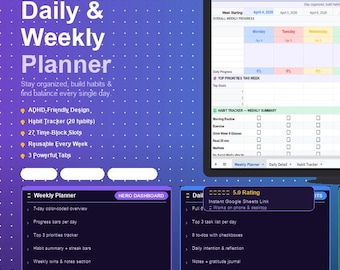 ADHD Friendly Daily Weekly Planner | Google Sheets Productivity Tracker (Digital Download)