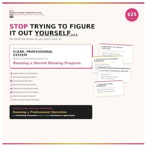 Puede incluir: Un gr&aacute;fico promocional con el texto "STOP TRYING TO FIGURE IT OUT YOURSELF..." y "Running a Shared Housing Program." La imagen incluye una lista de tipos de programas de vivienda y una etiqueta de precio de 25 &euro;.