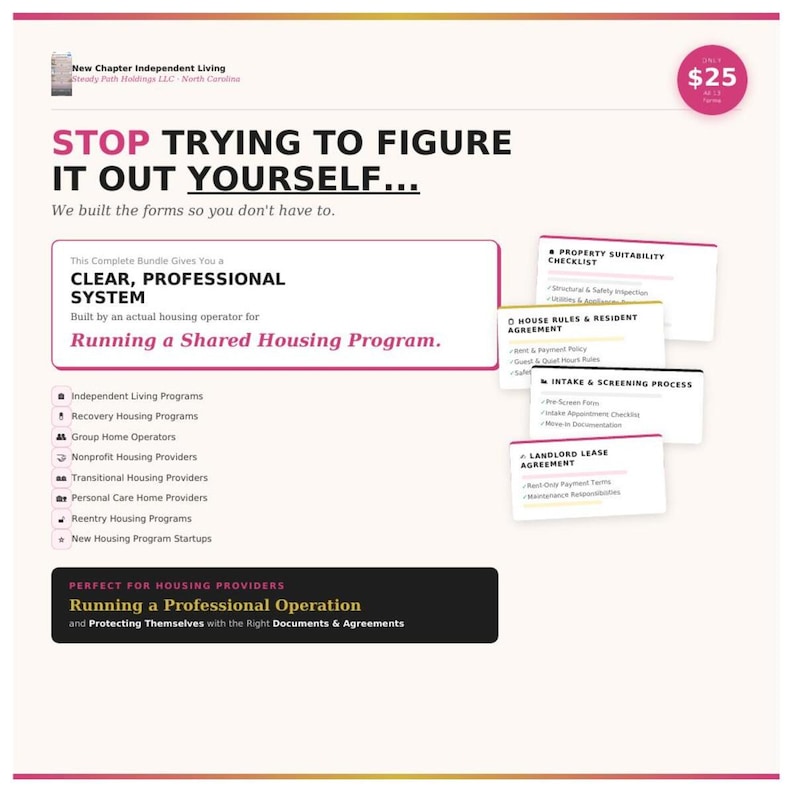 Puede incluir: Un gr&aacute;fico promocional con el texto "STOP TRYING TO FIGURE IT OUT YOURSELF..." y "Running a Shared Housing Program." La imagen incluye una lista de tipos de programas de vivienda y una etiqueta de precio de 25 &euro;.