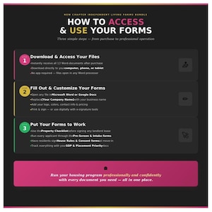 Puede incluir: Una gu&iacute;a titulada "HOW TO ACCESS & USE YOUR FORMS" con tres pasos a seguir. Los pasos son: Descargar y acceder a sus archivos, Rellenar y personalizar sus formularios y Poner sus formularios a trabajar. El texto es blanco y rosa sobre fondo negro.