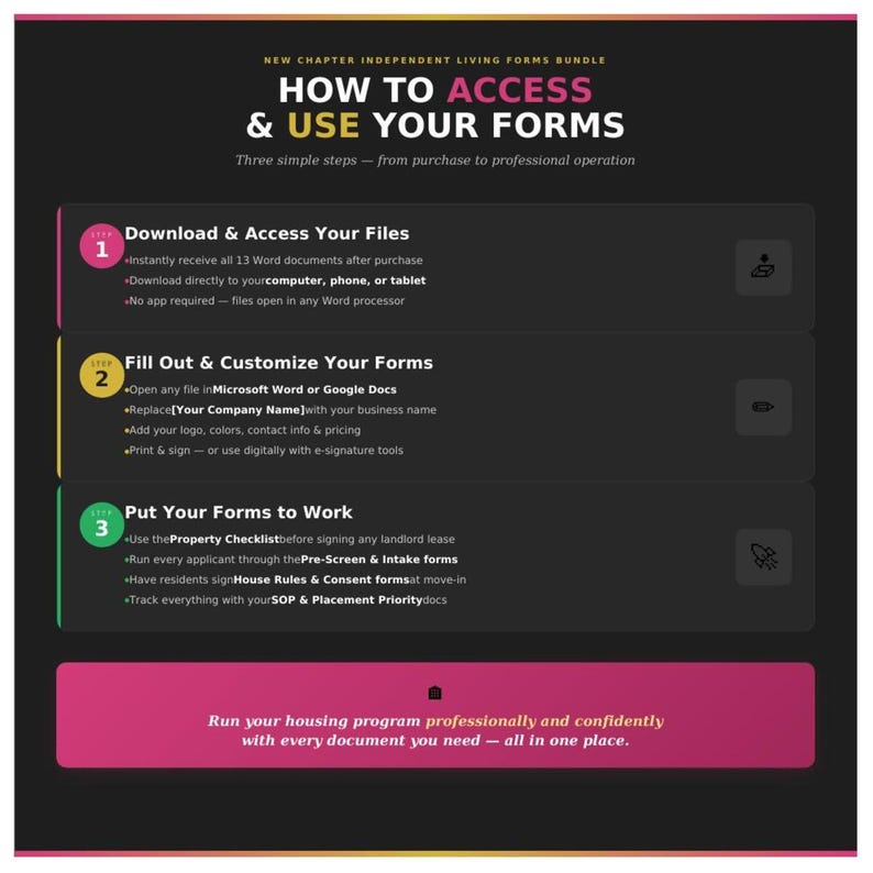 Puede incluir: Una gu&iacute;a titulada "HOW TO ACCESS & USE YOUR FORMS" con tres pasos a seguir. Los pasos son: Descargar y acceder a sus archivos, Rellenar y personalizar sus formularios y Poner sus formularios a trabajar. El texto es blanco y rosa sobre fondo negro.