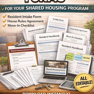 Puede incluir: Imagen de 13 formularios editables para un programa de vivienda compartida, incluyendo un formulario de admisión de residentes y un acuerdo de normas de la casa. También se ven un portátil, una calculadora y llaves.