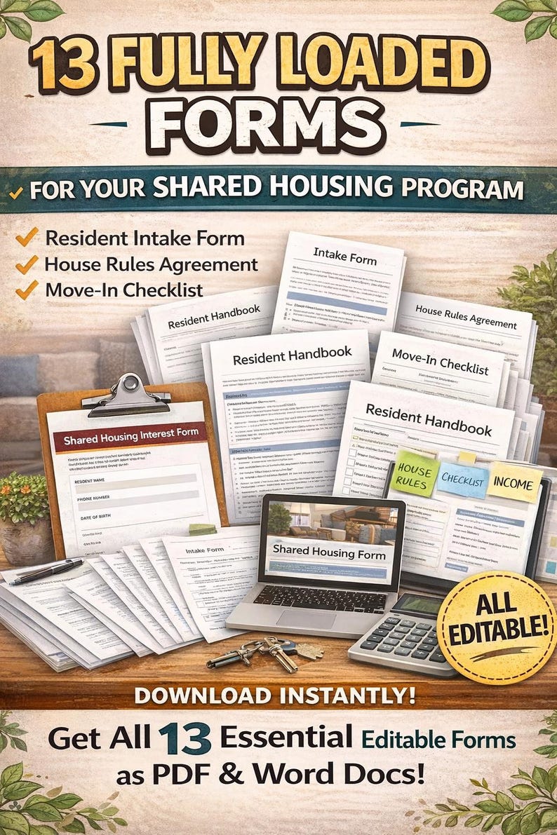 Puede incluir: Imagen de 13 formularios editables para un programa de vivienda compartida, incluyendo un formulario de admisi&oacute;n de residentes y un acuerdo de normas de la casa. Tambi&eacute;n se ven un port&aacute;til, una calculadora y llaves.