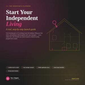 Könnte beinhalten: Ein digitaler Leitfaden mit dem Titel The Operator's Playbook: Start Your Independent Living. Der dunkle Hintergrund zeigt ein goldenes Strichzeichnungs-Haus-Symbol mit einem rosa Schlüssel, beschreibenden Text und fünf Schaltflächen: Landlord lock-in scripts, Case manager outreach, Fillable application forms, Home setup checklists und 90-day launch timeline.
