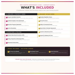Puede incluir: Un paquete de documentos titulado "WHAT'S INCLUDED" con 13 documentos de Word editables para programas de vivienda. Las categor&iacute;as incluyen Formularios de propietario y propiedad, Formularios de admisi&oacute;n de residentes y Pol&iacute;ticas.