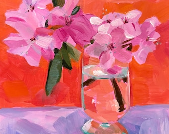 Pintura acrílica original 'Flores naranjas' de 8"x8" sobre panel de madera con bastidor de 3/4".