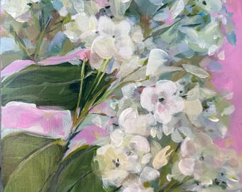 White Hydrangeas Acrylic Painting on Wood Panel (8"x8") – Ready to Hang Art