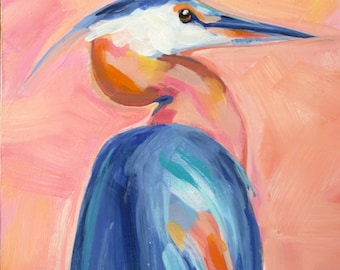 Original Acrylic Painting 8"x8" on 3/4" depth Cradled Wood. Ready to Hang, No Frame Necessary. 'Heron'.