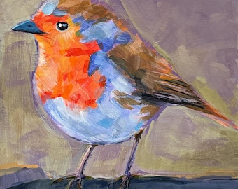 Peinture acrylique originale « Robin » 20 x 10 po. sur panneau de bois de 1/4 po. de profondeur.