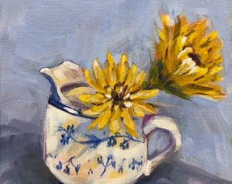 Original Acrylic Painting: Spider Mums in Blue Pitcher, 6x6 Canvas Panel