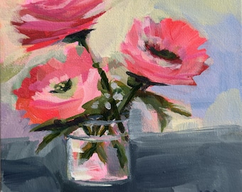 Original Pink Blooms Acrylic Painting 6x6 Canvas Panel