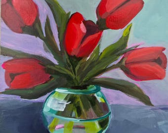 Original Acrylic Painting 'Red Tulips in Vase' 8"x8" on Cradled Wood.