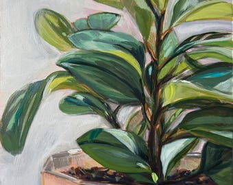 Original Acrylic Painting 'Rubber Tree Plant' 8"x8" on 3/4" depth Cradled Wood.
