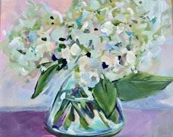 Original Acrylic Painting 'White Hydrangeas in Vase' on Cradled Wood.