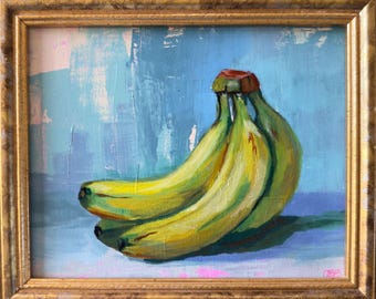 Pintura acrílica original de plátanos, lienzo de 8x10 pulgadas con marco dorado.