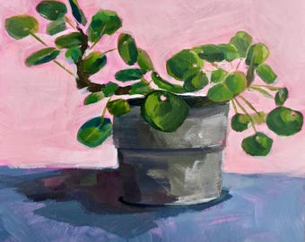 Original Acrylic Painting 'Chinese Money Plant' 8"x8" on Cradled Wood.