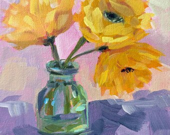 Original 6"x6" Acrylic 'Yellow Blooms' Painting on Canvas Panel