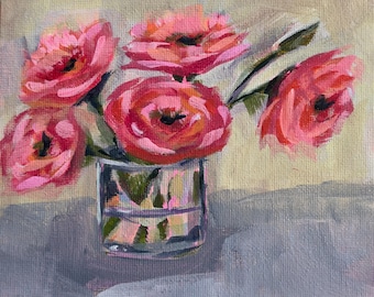 Original 6"x6" Acrylic 'Ranunculus' Painting on Canvas Panel
