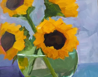 Original Acrylic Painting  'Sunflowers in Vase' 8"x8" on Cradled Wood