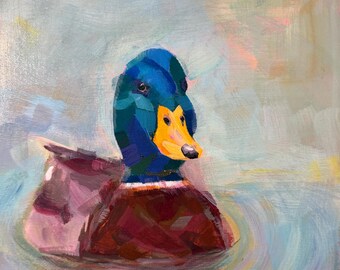 Original Acrylic Painting 'Mallard Duck'  8"x8" Cradled Wood Wall Art