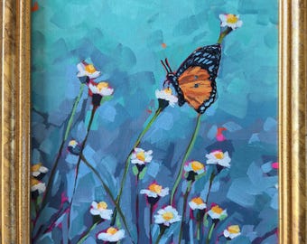 Origineel acrylschilderij: vlinder in bloemen, goud ingelijst canvaspaneel